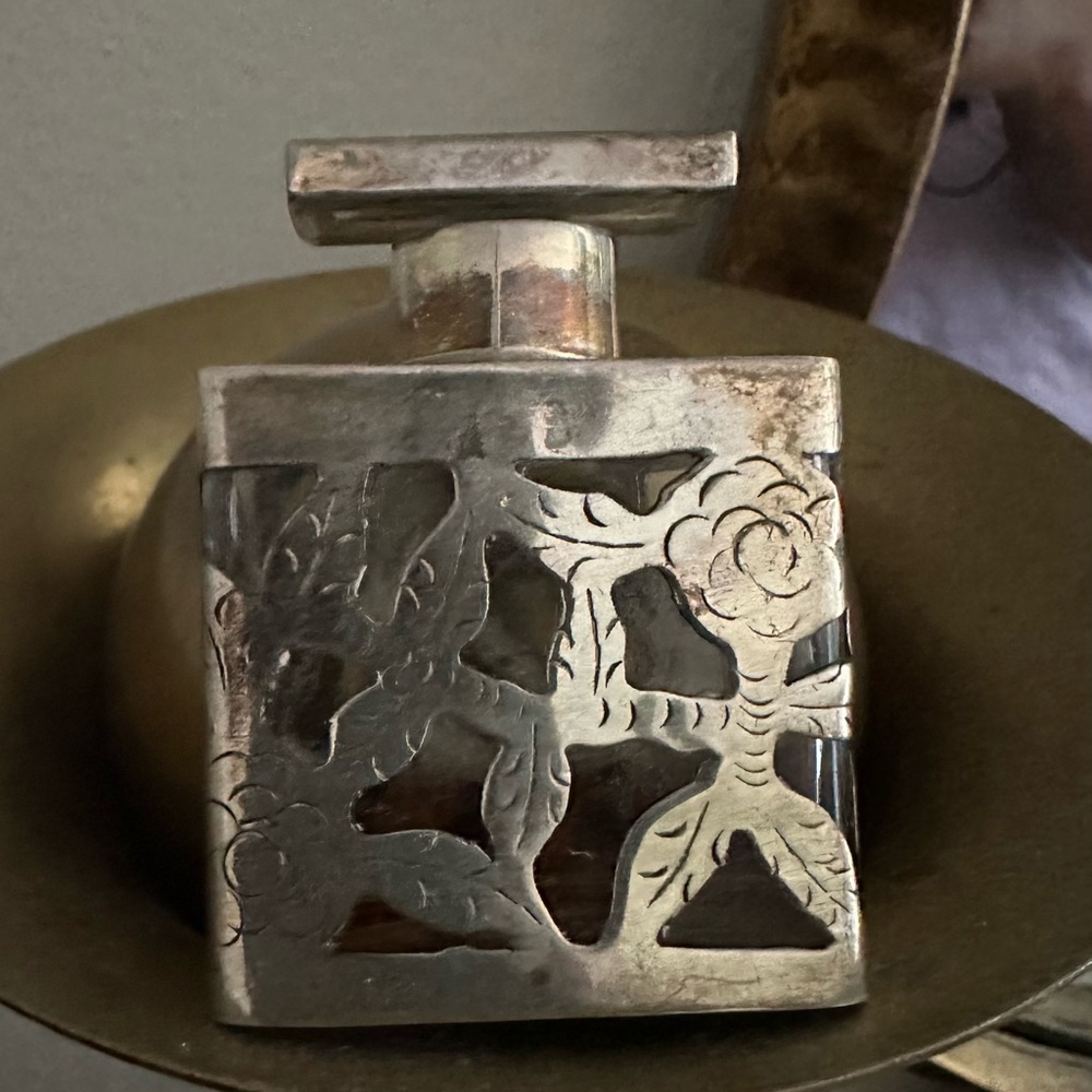 Sterling Silver Tribal Cut-Out Metal Decor Accent Perfume Flacon